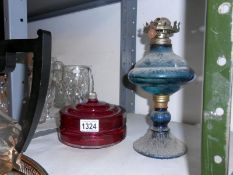 Cranberry glass oil lamp vessel and oil lamp base with blue glass font