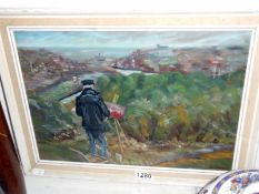 Oil on board of an artist painting at Whitby, signed R.P.