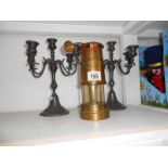 Pair of early 20th century candleabras and Aberaman colliery miners lamp