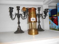 Pair of early 20th century candleabras and Aberaman colliery miners lamp