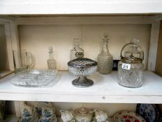 3 decanters, posy bowl, biscuit barrel etc.