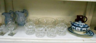 Quantity cut glass fruit bowls, blue and white tureen, stoneware jugs etc.