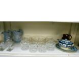 Quantity cut glass fruit bowls, blue and white tureen, stoneware jugs etc.