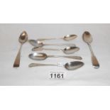 7 Georgian silver tea spoons inc. 1 pair with interesting mark by J.W., approx.
