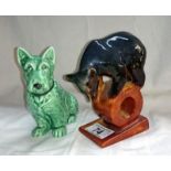 Early Majolica Russian circus bear standing on hoop marked 3NK made in USSR & Sylvac dog