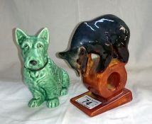 Early Majolica Russian circus bear standing on hoop marked 3NK made in USSR & Sylvac dog