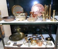 A large heavy box of brass & copper & printing blocks (2 shelves)