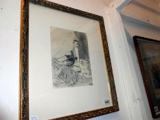A pencil and charcoal of posing 1940s lady entitled The Siren signed A E B 1945 (possibly Albert