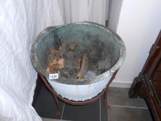Large Victorian copper cauldron on stand including spelter figures