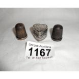 2 Chester silver thimbles and a 925 heart shaped pill box