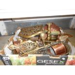 Box of brass and copper inc. candlesticks, cider measures, trivet etc.