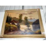 An oil on canvas Italian scene of School House by Lake signed Mancini