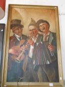 Early 20th century oil on canvas of 3 musicians by Alfred Hardwood (named on reverse)
