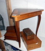 An inlaid musical side table and 4 old wooden boxes