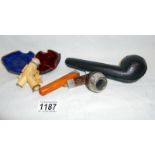 Cased pipe with silver mounts HM indistinct, amber mouthpiece,