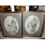 A pair of Victorian style drawings of Street Musicians with Children signed John Atkinson