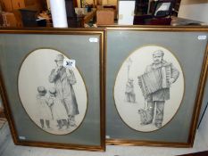 A pair of Victorian style drawings of Street Musicians with Children signed John Atkinson