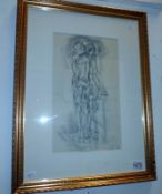 A pencil drawing of abstract figures by Lewis Davis (1939-2010) signed L D '96