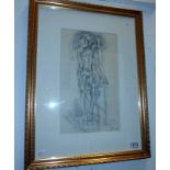 A pencil drawing of abstract figures by Lewis Davis (1939-2010) signed L D '96