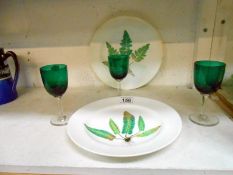 Pair of 19c Minton improved fern plates and 3 green glasses