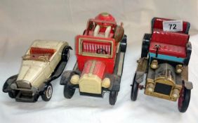 Tinplate modern toys, veteran car and 2 Bandai cars,