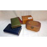 2 Mauchline boxes a/f rouge pot and 3 savings bank boxes