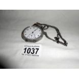 A silver pocket watch with silver double Albert chain
