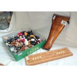 Quantity of novelty bottle stoppers and 2 cribbage boards