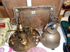 A mixed lot of metalware including copper kettle, silverplate tray,