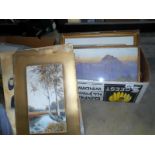 A box of pictures including watercolours, oils,