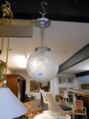 French etched globe shade bearing the signature 'Deveau' with light fitting
