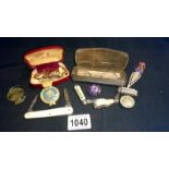 A good mixed lot including miniature mouth organ, cufflink's, penknives & wire framed glasses etc.