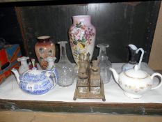 A mixed lot of china & glass including decanters, condiment set & teapots etc.
