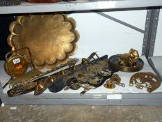 Quantity of brassware inc. tray, gong, horse brasses etc.