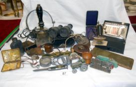 Mixed lot inc. binoculars, GEC headphones, cribbage board, Dinky toys etc.