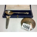 A 1977 silver Jubilee silver spoon with box, silver butterfly bookmark & silver jam pot lid.
