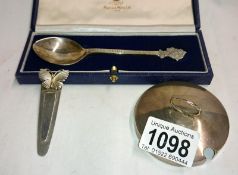 A 1977 silver Jubilee silver spoon with box, silver butterfly bookmark & silver jam pot lid.