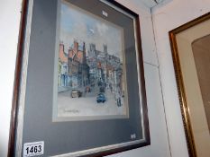 A watercolour of Lincoln High Street looking towards the Cathedral signed Lance Holtby