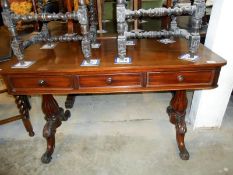 Victorian mahogany 3 drawer side table with twin turned pillars and carved legs