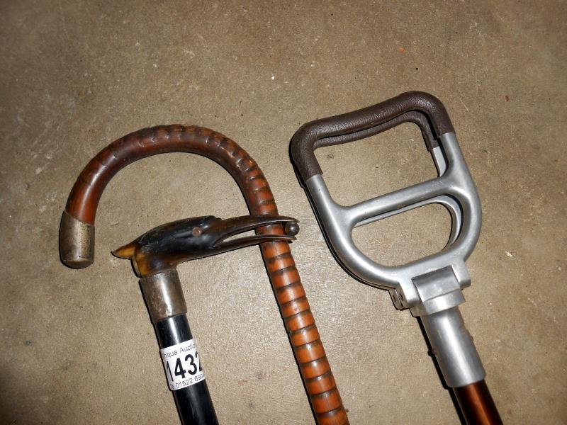 2 walking sticks including 1 with bird's head top and a shooting stick - Image 2 of 2