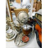 A mixed lot of silverplate tea ware and wooden goblets