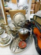 A mixed lot of silverplate tea ware and wooden goblets