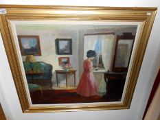 An oil on canvas of Woman in Drawing Room by Danish artist Edith Girt (1906-1970)