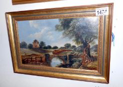 An unsigned oil on board rural scene featuring a bridge and river with ruins in background