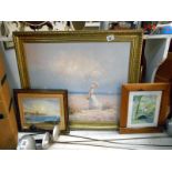 2 framed watercolours: a Seascape and Yorkshire Dales and an oil on canvas Edwardian Ladies on