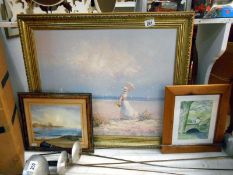 2 framed watercolours: a Seascape and Yorkshire Dales and an oil on canvas Edwardian Ladies on