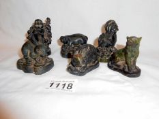 6 20th century Chinese bronze figures of a Buddah, 2 rabbits, a chicken,