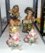 2 Capodimonte style figures and 3 floral candle holders
