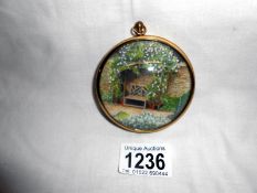 Hand painted miniature of a rose trellis in a garden signed Tasha,