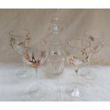 4 'crackle' glass wine glasses and a decanter